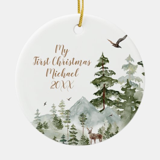 Winterbos Dierlijk Bosland Eerste Kerstmis Keramisch Ornament (Voorkant)