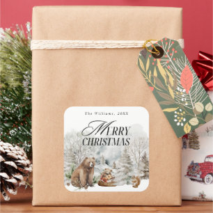 Winterbos Elegante Waterverf Vrolijk Kerstfeest Vierkante Sticker