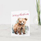 Winterbos Grizzly Beer welp in een dennenbos Feestdagen Kaart (Voorkant)