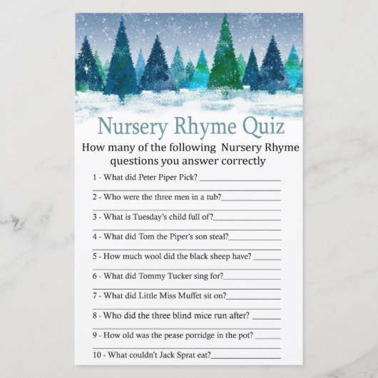 winterbos Nursery Rhyme Quiz baby shower game (Voorkant)