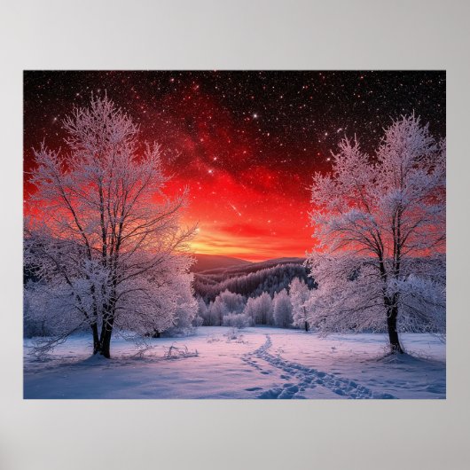 Winterbos onder rode zonsondergang Cinematic Natuu Poster (Voorkant)