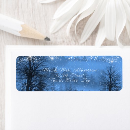 Winterbosmousserende sterren Evening Blue Etiket (Insitu)