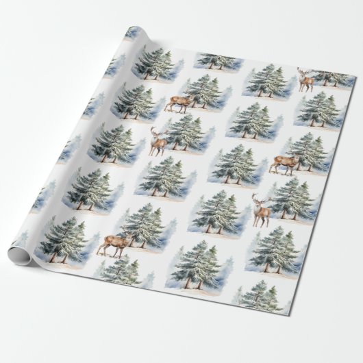 Winterbossen rendieren in het dennenbos cadeaupapier (Uitgerold)