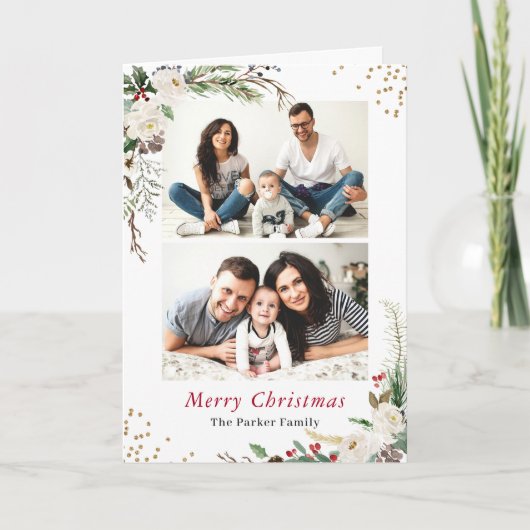 Winterbotanische foto's 2 gevouwen kousen feestdagen kaart (Voorkant)