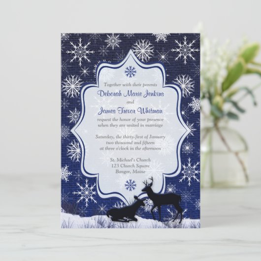 Winterbruiloft | FAUX jute, sneeuwvlokken, herten Kaart (Staand voorkant)