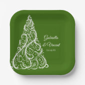 Winterbruiloft met groene kerstbomen papieren bordje (Voorkant)