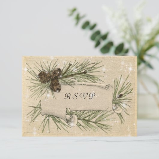 Winterbruiloft, pijnbomen, huwelijksuitnodiging kaart (Staand voorkant)