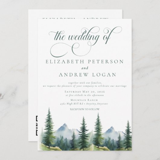 Winterbruiloft | Rustieke bergen | QR-code uitnodi Kaart (Voorkant / Achterkant)