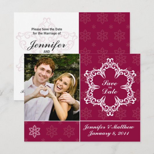 Winterbruiloft Save the Date Briefkaart - Cranberr (Voorkant / Achterkant)