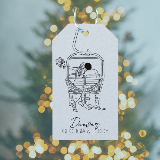 Winterbruiloft skiën cadeaulabel
