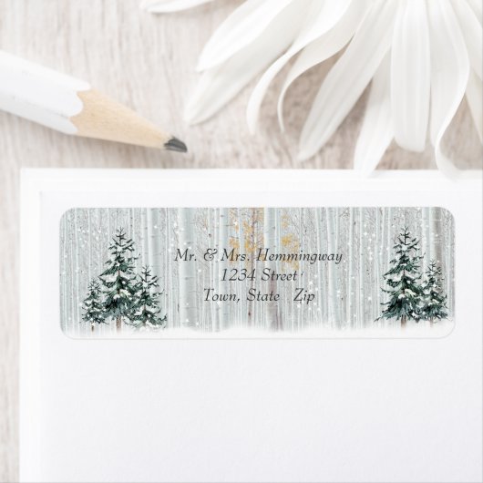 Winterbruiloft Sparkle Snowflakes Pine Trees Etiket (Insitu)