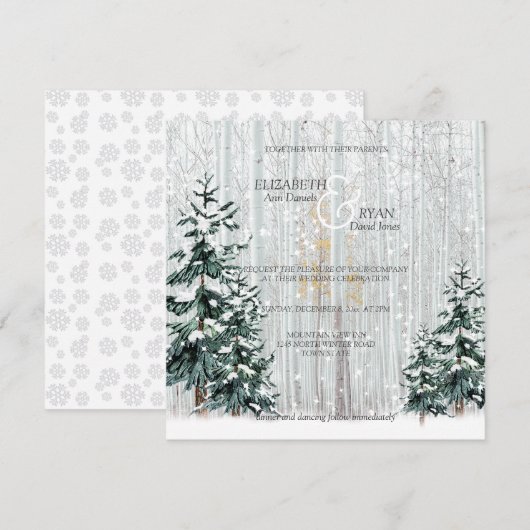 Winterbruiloft Sparkle Snowflakes Pine Trees Kaart (Voorkant / Achterkant)