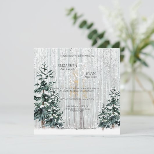 Winterbruiloft Sparkle Snowflakes Pine Trees Kaart (Staand voorkant)
