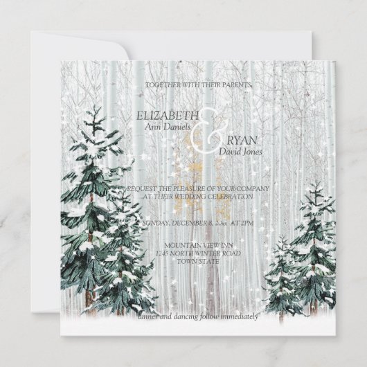 Winterbruiloft Sparkle Snowflakes Pine Trees Kaart (Voorkant)