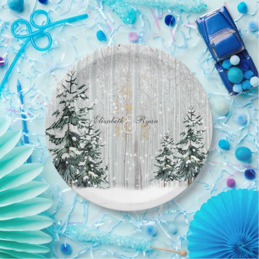 Winterbruiloft Sparkle Snowflakes Pine Trees Papieren Bordje (Feest)