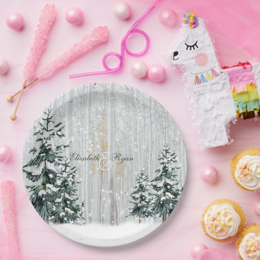 Winterbruiloft Sparkle Snowflakes Pine Trees Papieren Bordje (Feest)