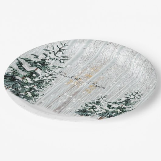 Winterbruiloft Sparkle Snowflakes Pine Trees Papieren Bordje (Gekanteld)