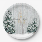 Winterbruiloft Sparkle Snowflakes Pine Trees Papieren Bordje (Voorkant)
