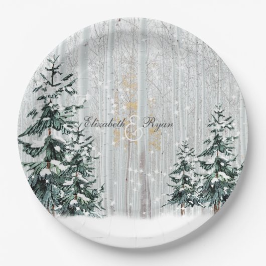 Winterbruiloft Sparkle Snowflakes Pine Trees Papieren Bordje (Voorkant)