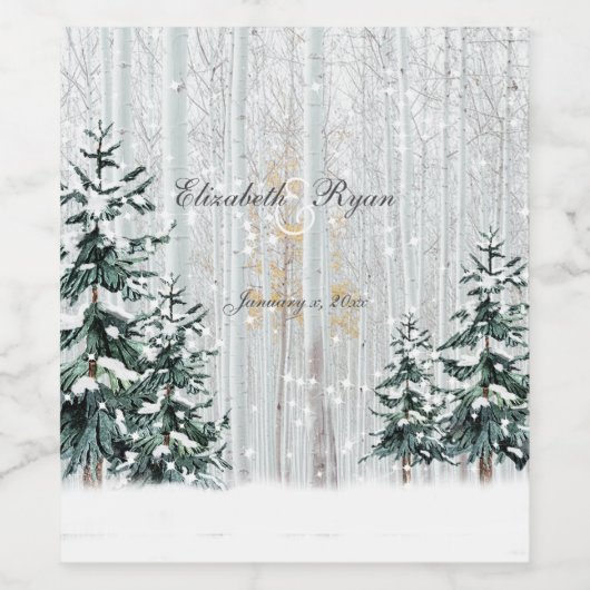 Winterbruiloft Sparkle Snowflakes Pine Trees Wijn Etiket (Enkel label)