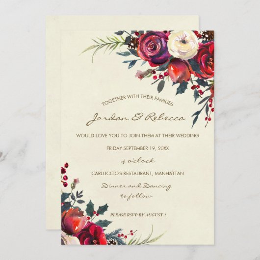 winterbruiloft uitnodiging rozen bessen vakantie (Voorkant / Achterkant)