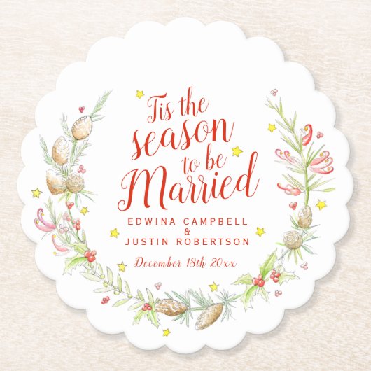 Winterbruiloft waterverf pijnboombessen kartonnen onderzetters (Voorkant)