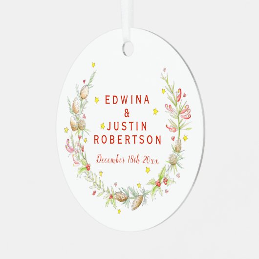Winterbruiloft waterverf pijnboombessen metalen ornament (Voorkant links)