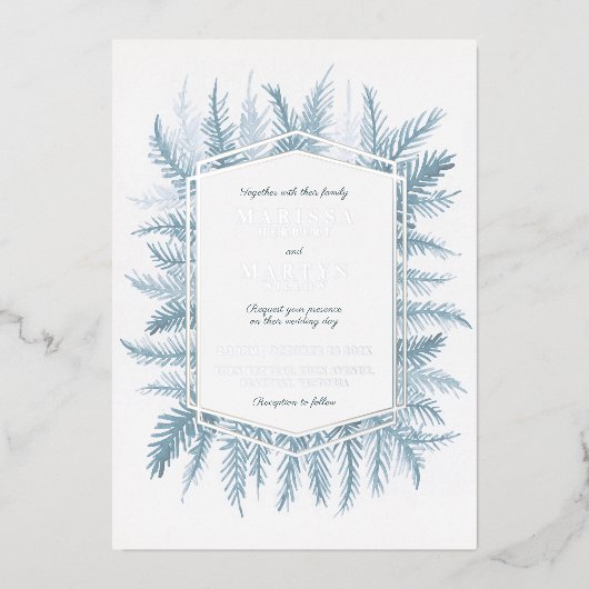 Winterbruine waterverf blauwe zilverbruiloft folie uitnodiging (Voorkant)