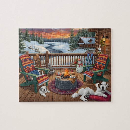 Wintercabine dek honden vuurplaats sneeuw scène legpuzzel (Horizontaal)