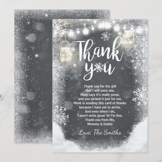 Winterdank je baby shower Snowflake Rustic Bedankkaart (Voorkant / Achterkant)