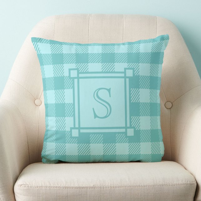 Winterdecoratie Teal Buffalo Plaid Aangepaste Mono Kussen (Creator heeft geüpload)