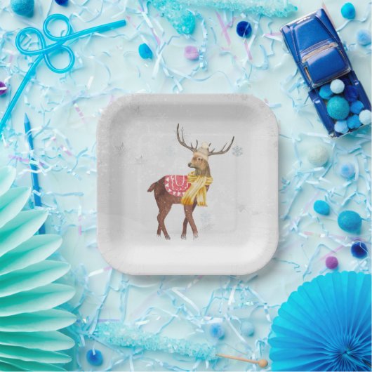 winterdeer in sneeuwvlokken papieren bordje (Feest)