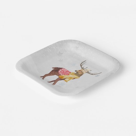 winterdeer in sneeuwvlokken papieren bordje (Gebogen)