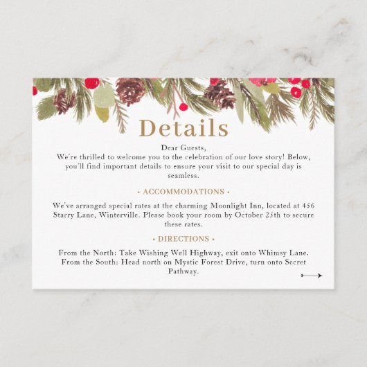 Winterden elegantie rood groen Bruiloft details Informatiekaartje (Voorkant)