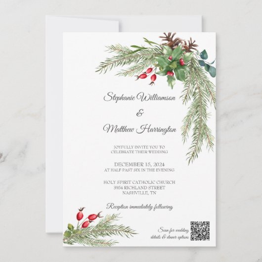 Winterdennen takken met bessen QR Code Bruiloft Kaart (Voorkant)