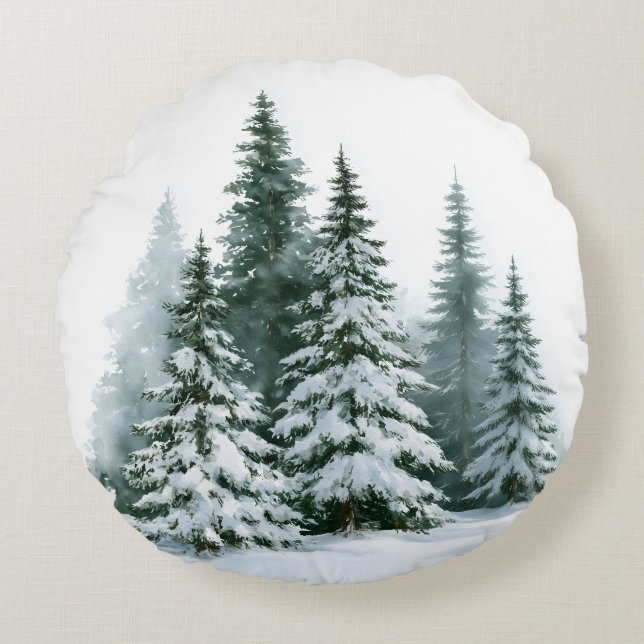 Winterdennenbomen Rond Kussen (Voorkant)