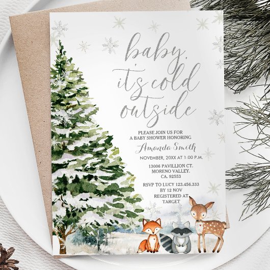 Winterdier Evergreen Trees Baby shower Kaart