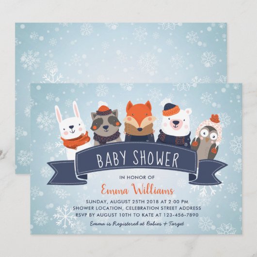 Winterdieren Baby shower Uitnodiging (Voorkant / Achterkant)