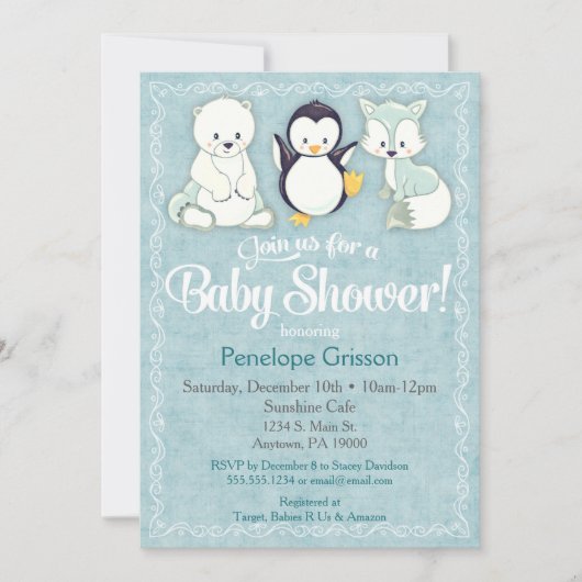 Winterdieren Baby shower Uitnodiging Beer Penguin (Voorkant)