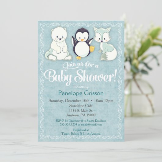 Winterdieren Baby shower Uitnodiging Beer Penguin (Staand voorkant)