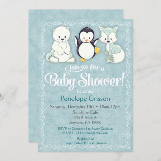 Winterdieren Baby shower Uitnodiging Beer Penguin (Voorkant / Achterkant)