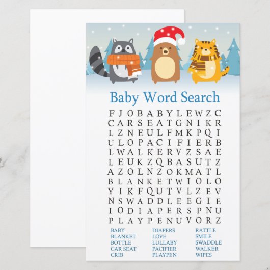 Winterdieren Baby Shower Woordzoekspel (Voorkant / Achterkant)