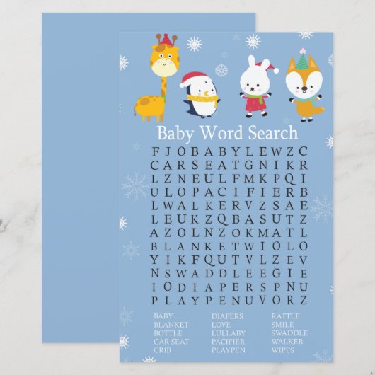 Winterdieren Baby shower Word Search Game (Voorkant / Achterkant)