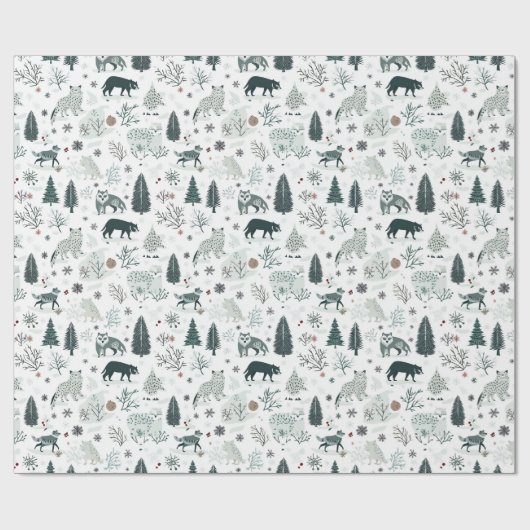 Winterdieren en kerstbos cadeaupapier (Vlak)