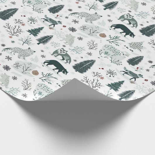 Winterdieren en kerstbos cadeaupapier (Hoek)