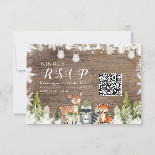 Winterdieren Hout Sneeuwvlokken Baby shower RSVP Bedankkaart (Voorkant)