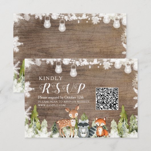 Winterdieren Hout Sneeuwvlokken Baby shower RSVP Bedankkaart (Voorkant / Achterkant)