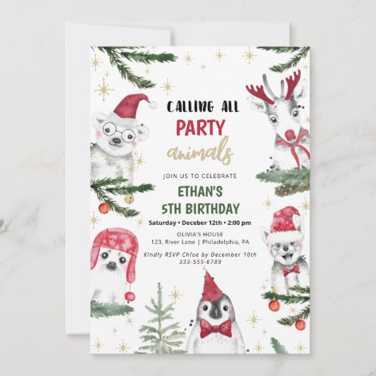 Winterdieren kerstfeest kaart (Voorkant)