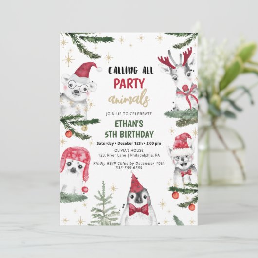 Winterdieren kerstfeest kaart (Staand voorkant)