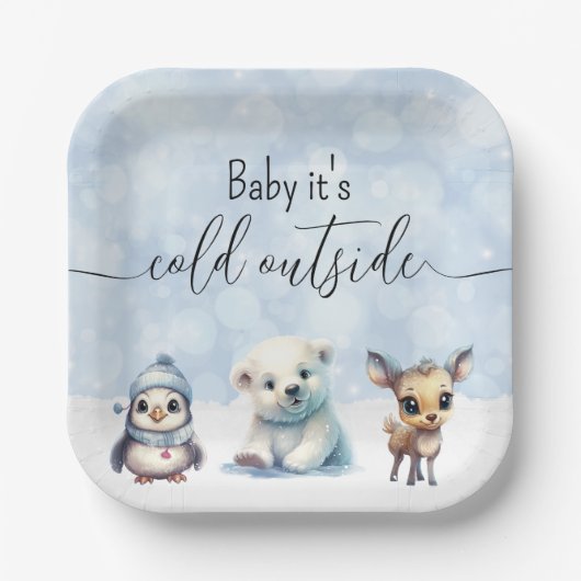 Winterdieren koud buiten Baby shower Papieren Bordje (Voorkant)
